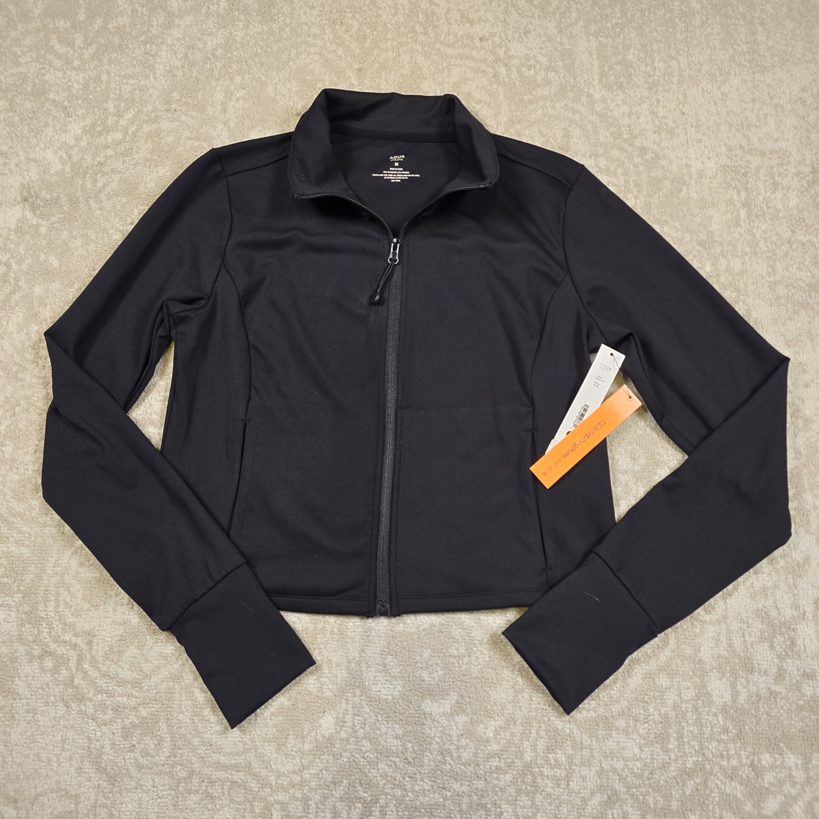 Nwt - Aqua Women Cropped Full Zip Mock Neck Jacket Black Size M - Msrp $98